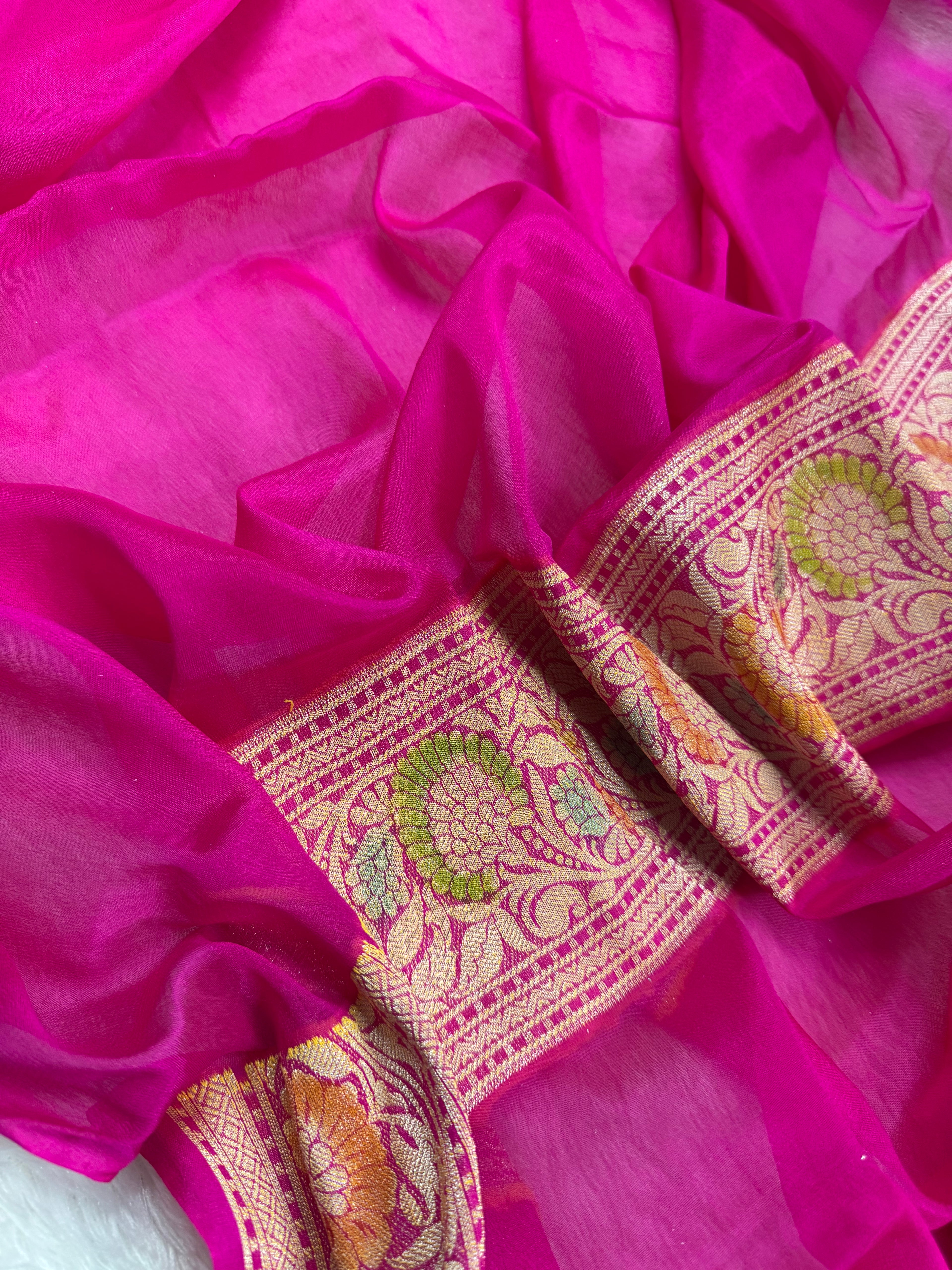 Rani Pink Handbrush Meenakari Pure Chiffon Silk Banarasi Saree