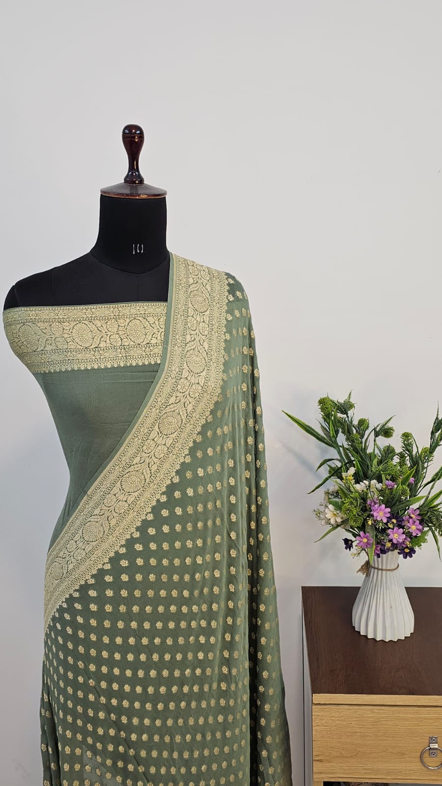 Sage Green Pure Khaddi Georgette Silk Banarasi Saree