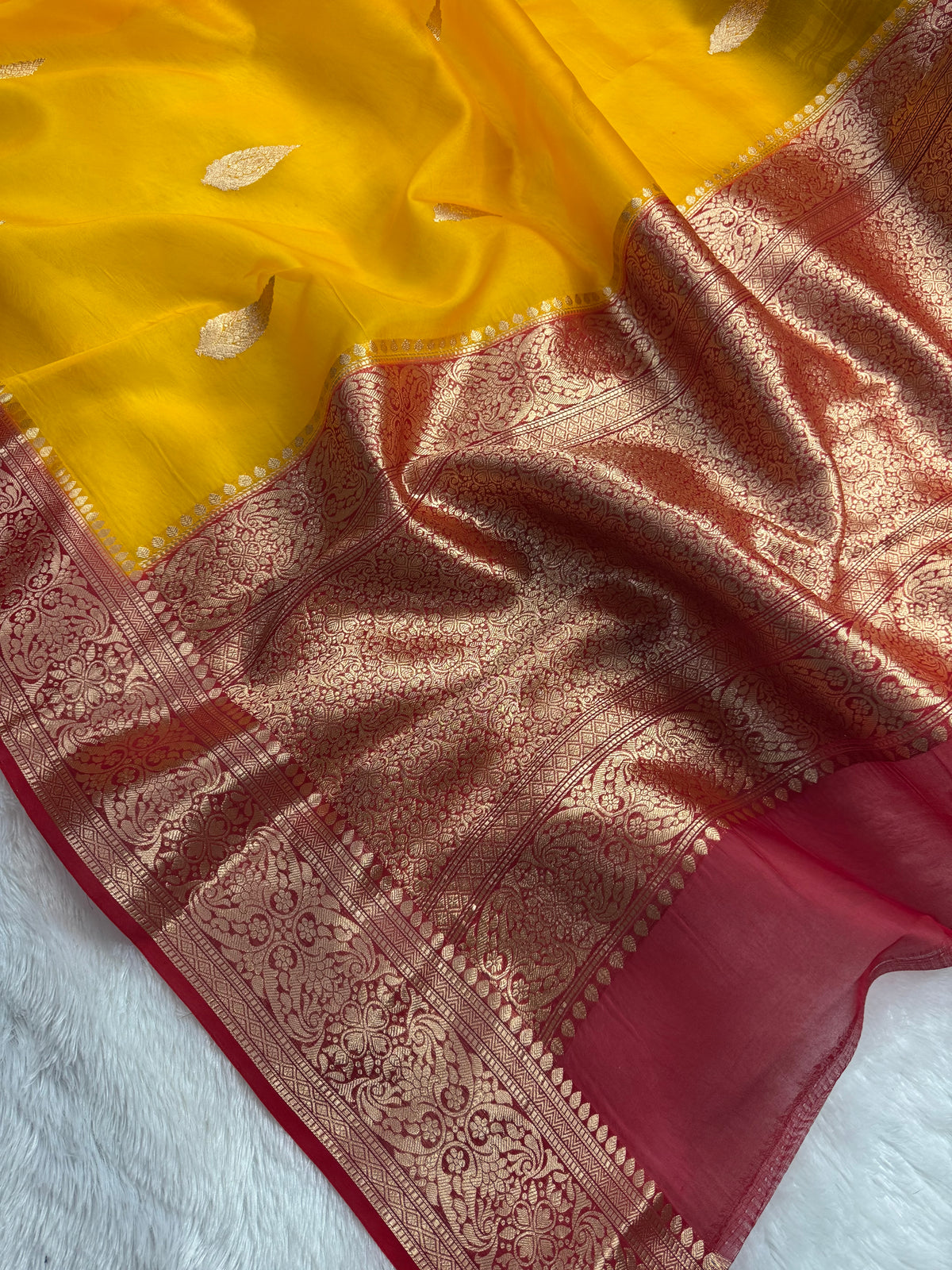 Yellow & Red Pure Kora Organza Silk Banarasi Saree