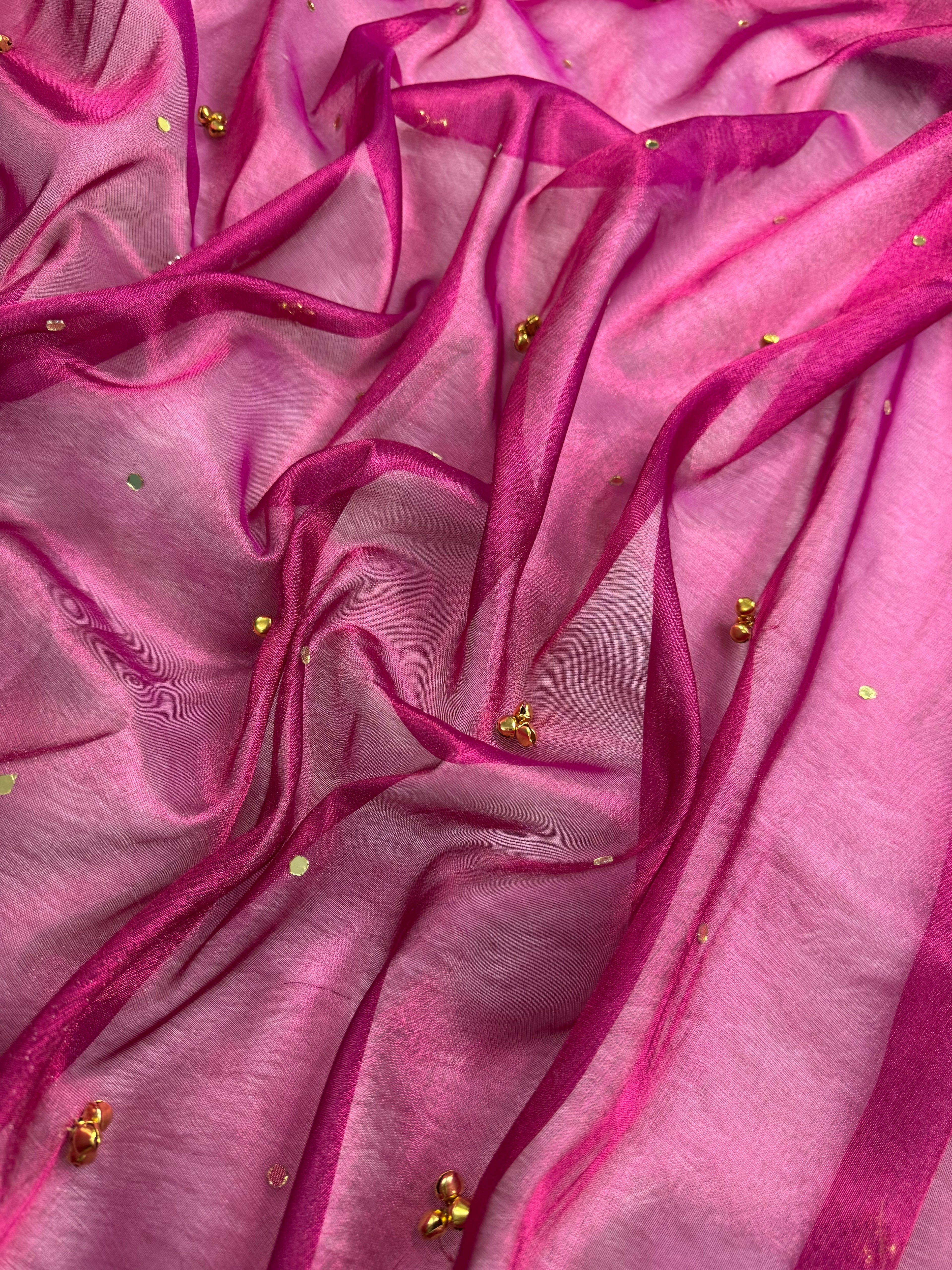 Rani Tissue Silk Saree With Ghungroo & Mirror Work Designer Border Lace Saree