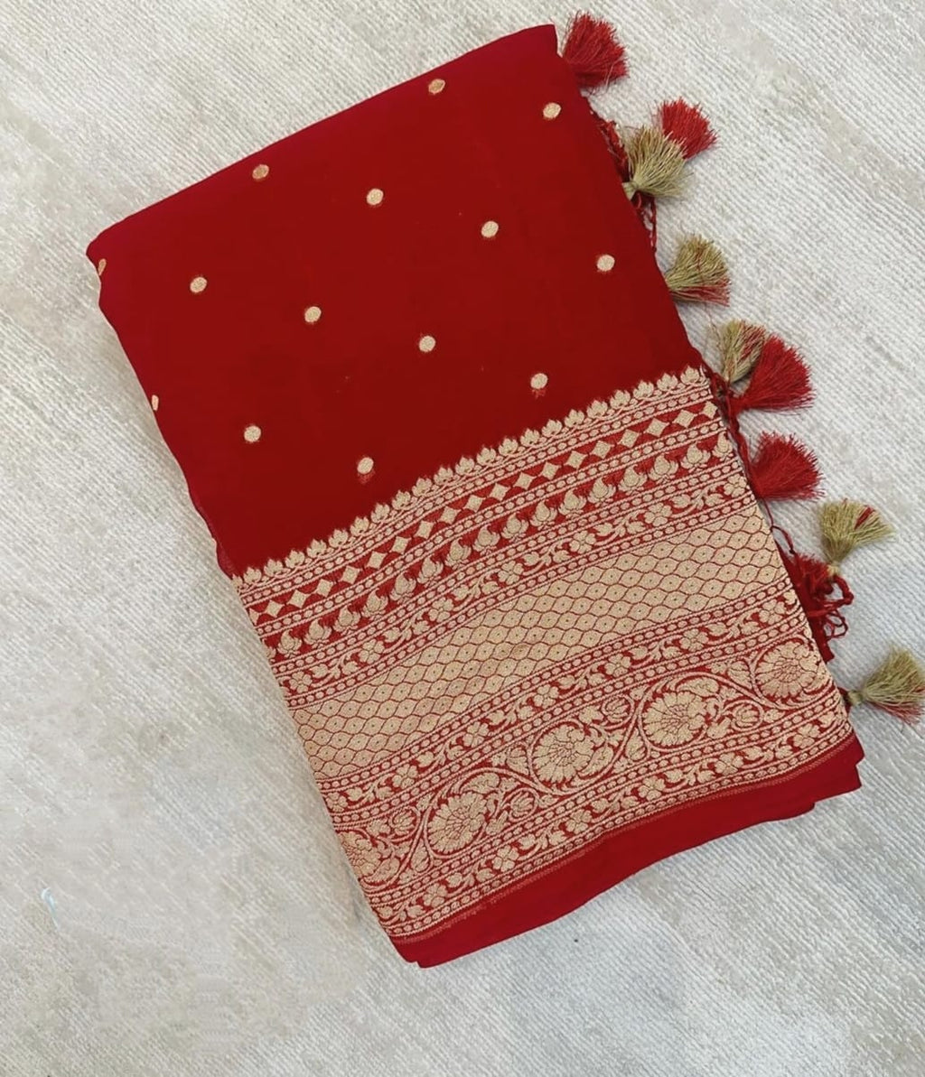 Red Pure Khaddi Georgette Silk Banarasi Border Dana Saree