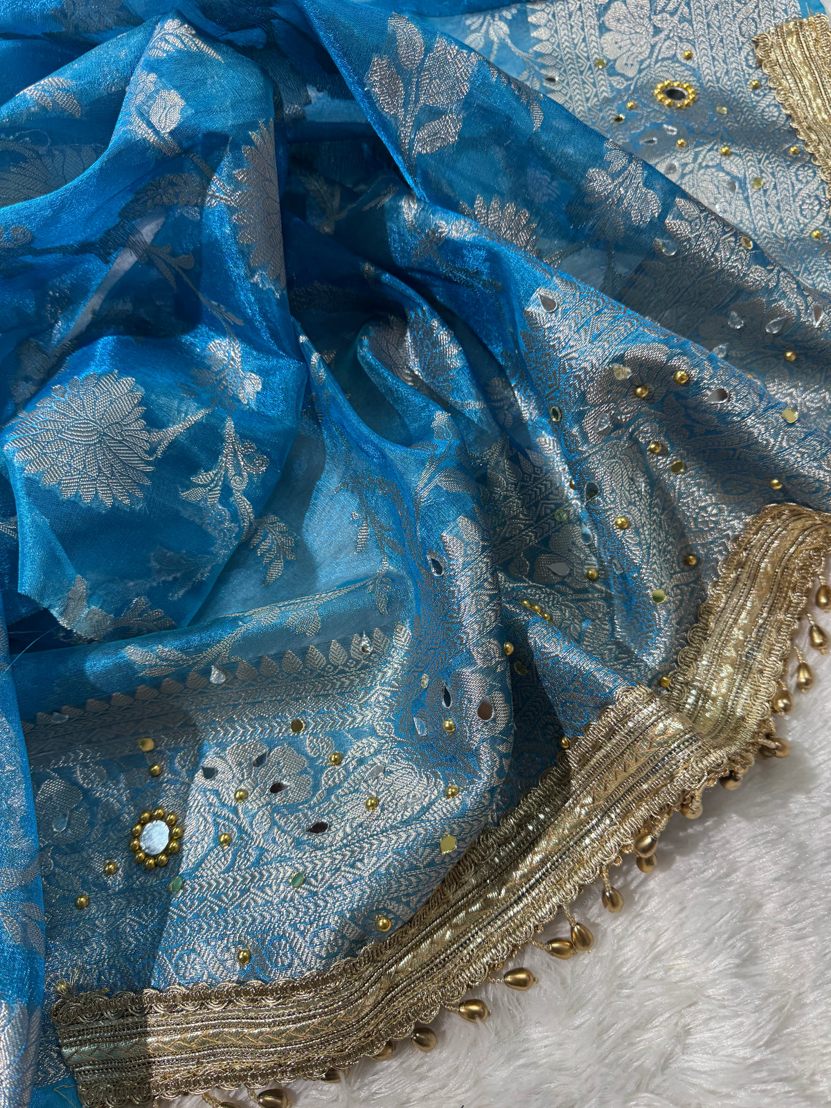 Peacock Tissue Silk Banarasi Saree With Ghungroo & Mirror Work Designer Border Lace Saree