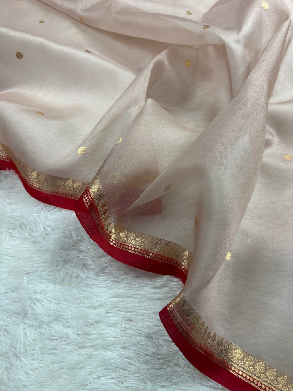 Pastel Grey & Red Pure Kora Organza Silk Banarasi Saree