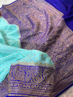 Sea Green & Dark Royal Blue Pure Khaddi Crep Silk Banarasi Saree