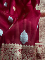 Red Pure Kora Organza Sona & Roopa Silk Banarasi Border Booti Saree