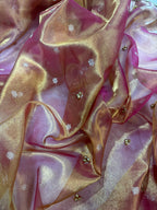 Rose Gold Tissue Silk Saree With Golden Ghungroo Butti Work & Luxury Lace Border