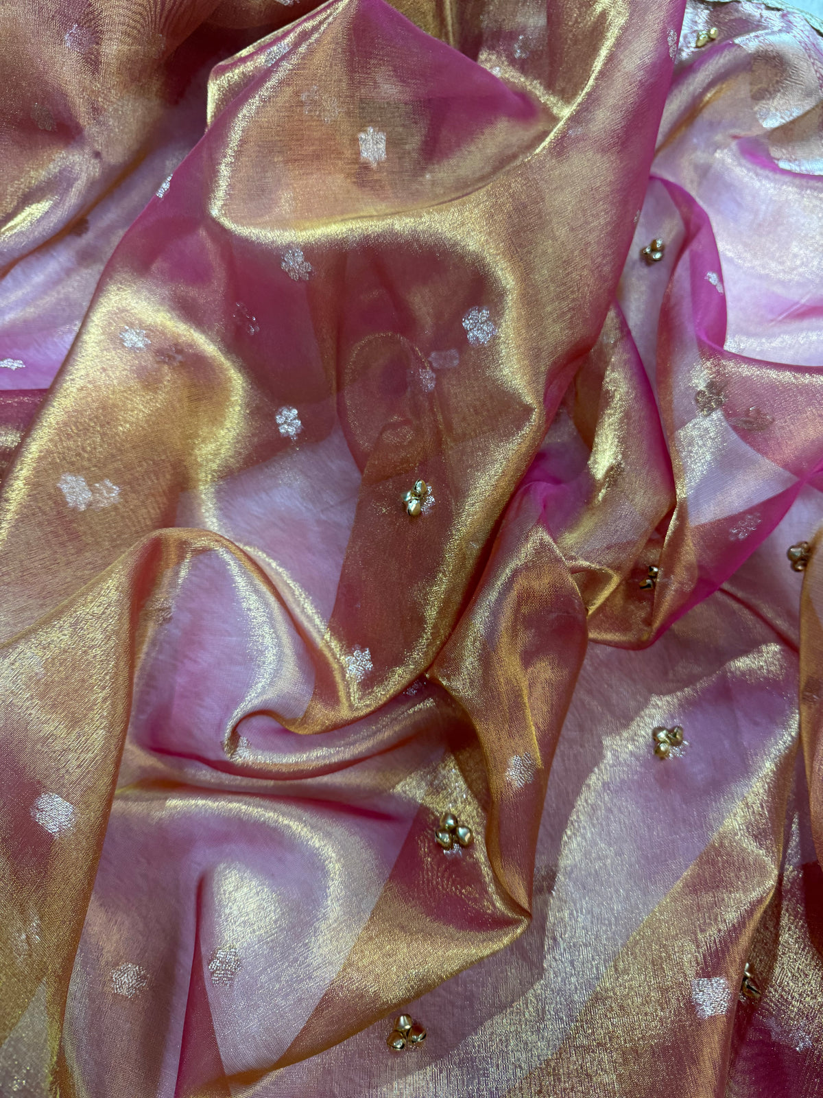 Rose Gold Tissue Silk Saree With Golden Ghungroo Butti Work & Luxury Lace Border