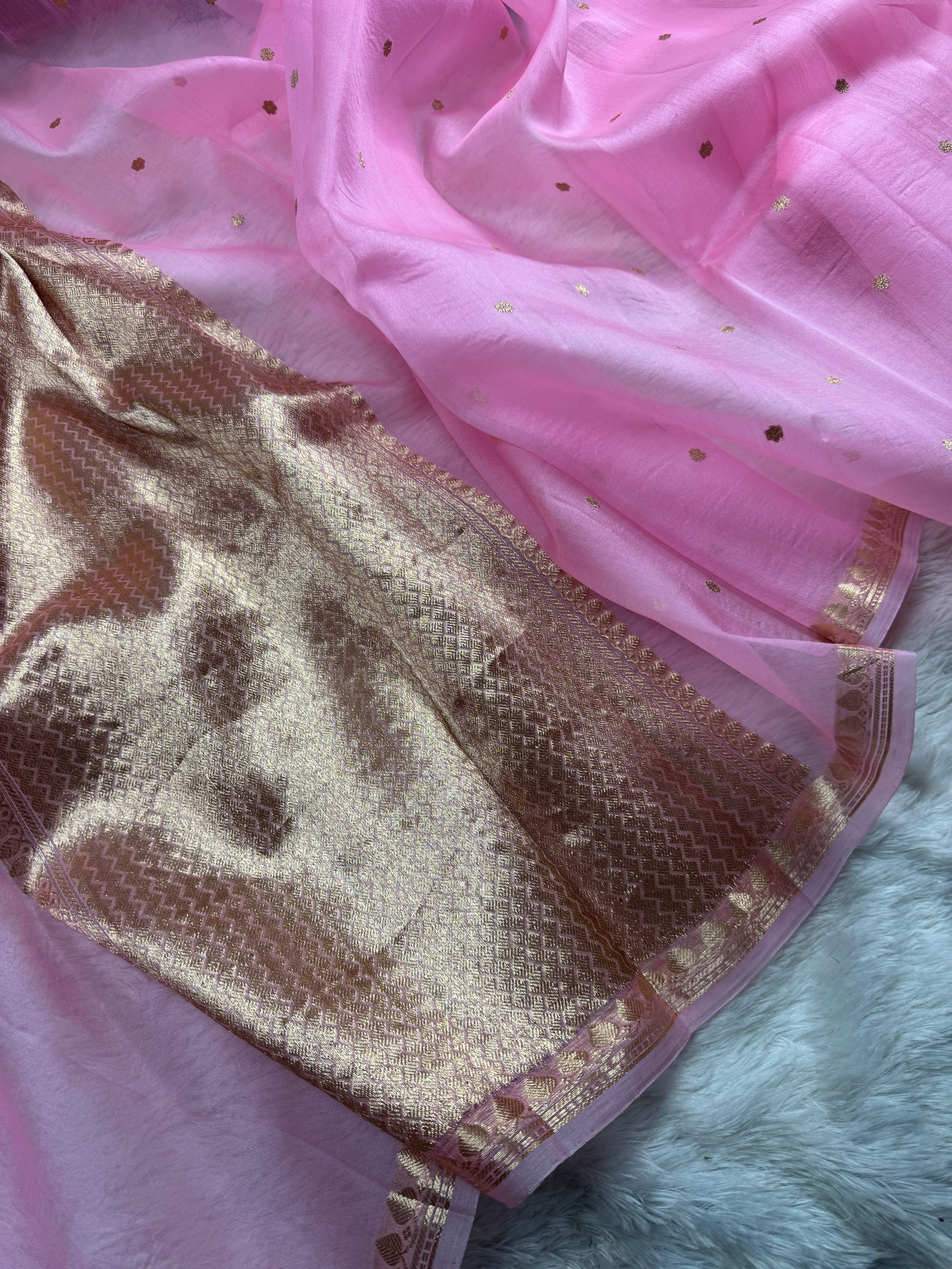 Baby Pink Pure Kora Organza Banarasi Saree