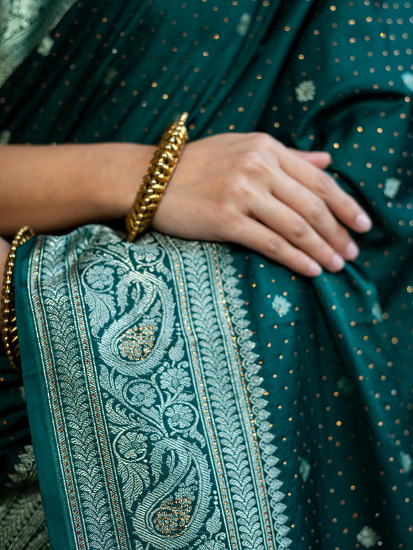 Bottle Green Swarovski Intricate Stone Work Banarasi Mashru Silk Saree