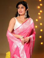 Rani Pink Pure Khaddi Chiffon Silk Banarasi Saree