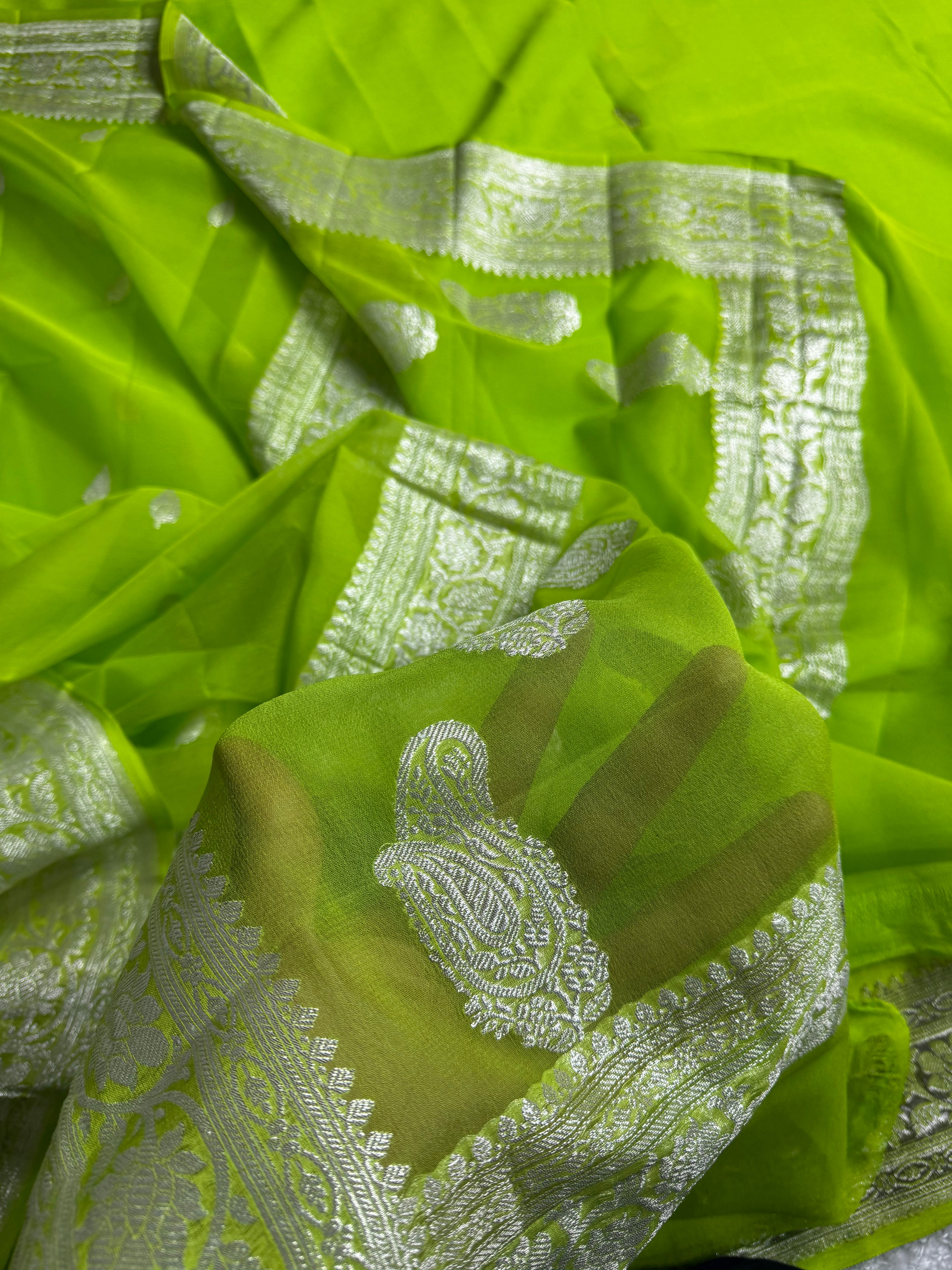 Bright Green Pure khaddi Chiffon Silk Banarasi Border Booti Saree