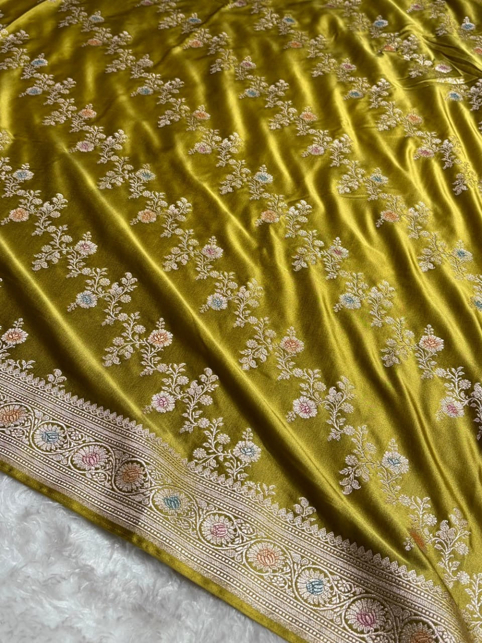 Olive Green Meenakari Mashru Katan Silk Banarasi Saree