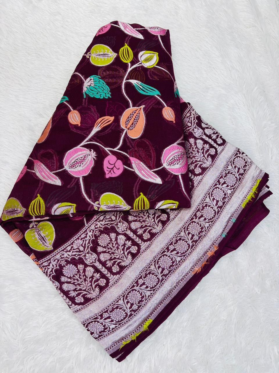 Deep Red Pure Tusser Georgette With Floral Meenakari Jall Banarasi Saree