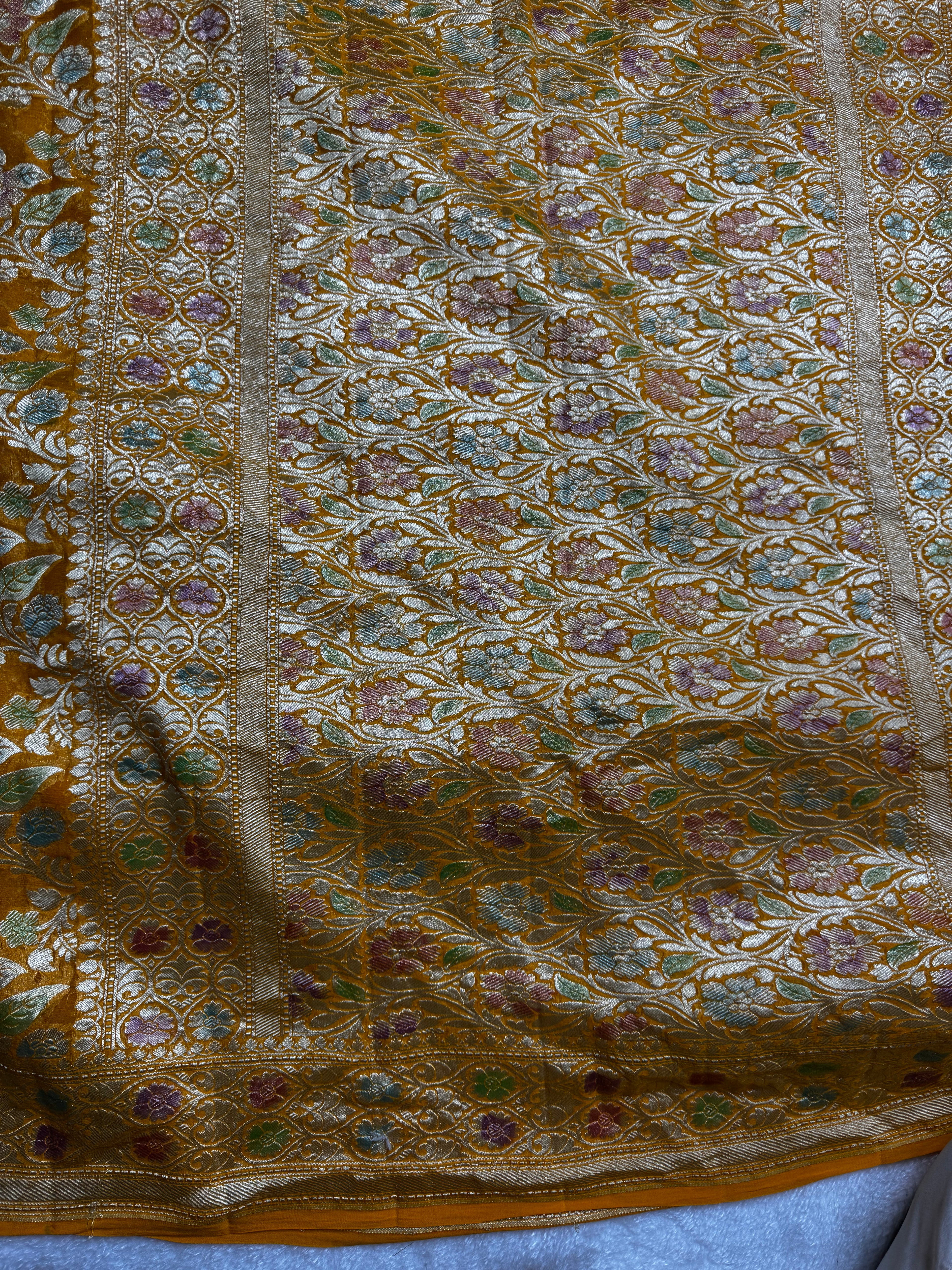 Mustard Yellow Handbrush Pure Khaddi Georgette Silk Banarasi Saree