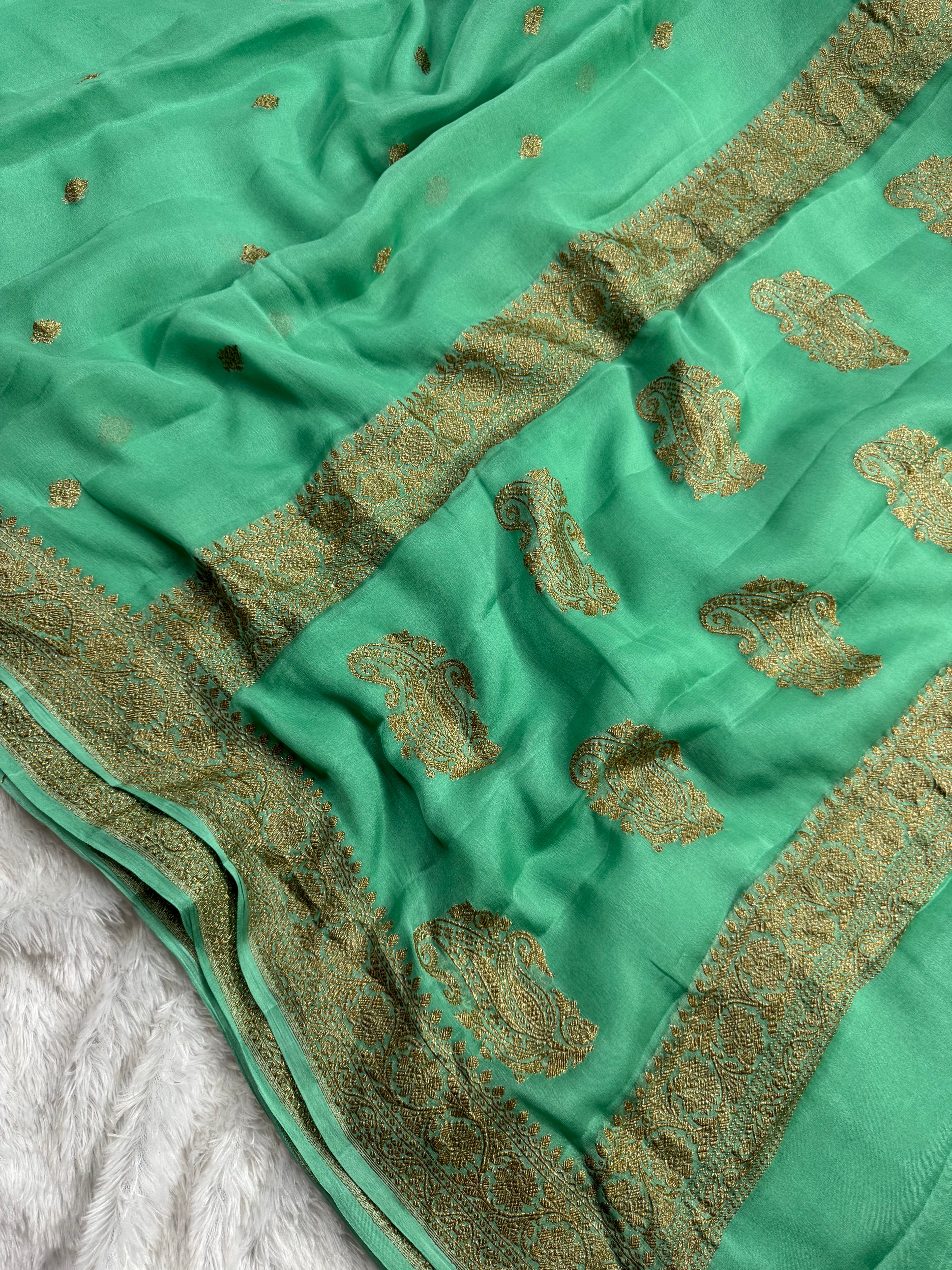 Pista Mint Green Pure khaddi Chiffon Silk Banarasi Saree