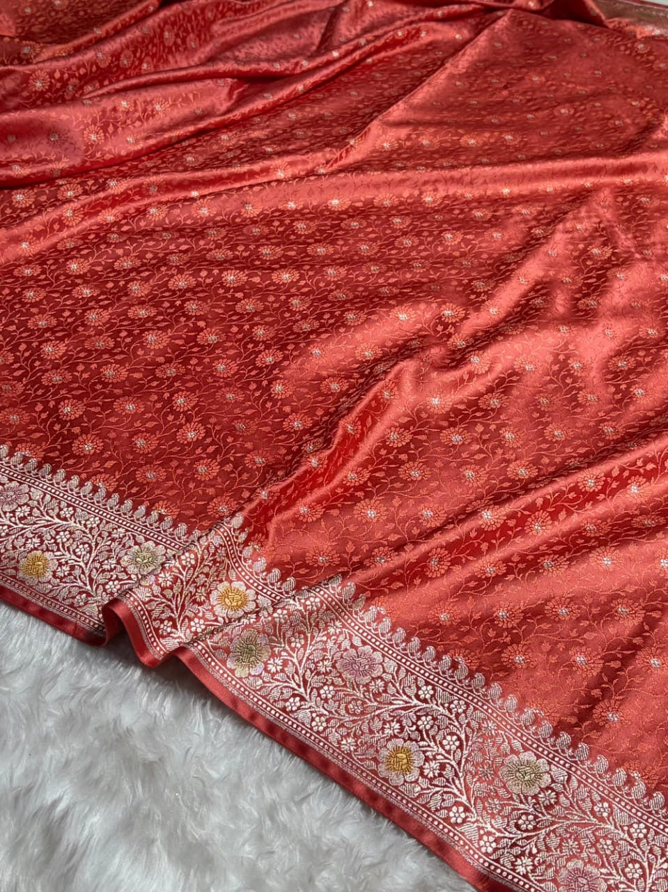 Rust Red Tanchui Meenakri Mashru Katan Silk Banarasi Saree