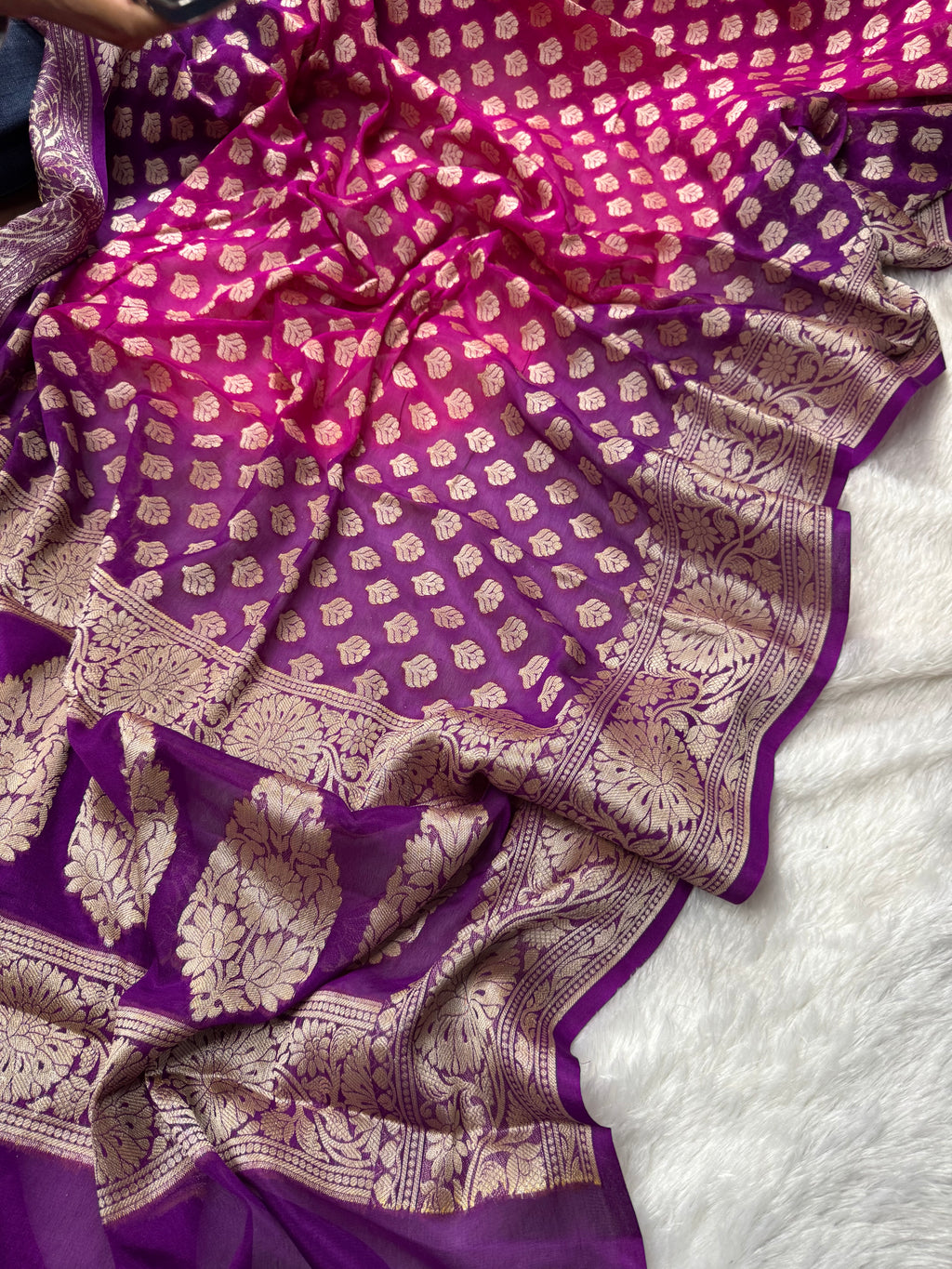 Rani & Purple Bhandej Dye Pure Chiffon Silk Banarasi Saree