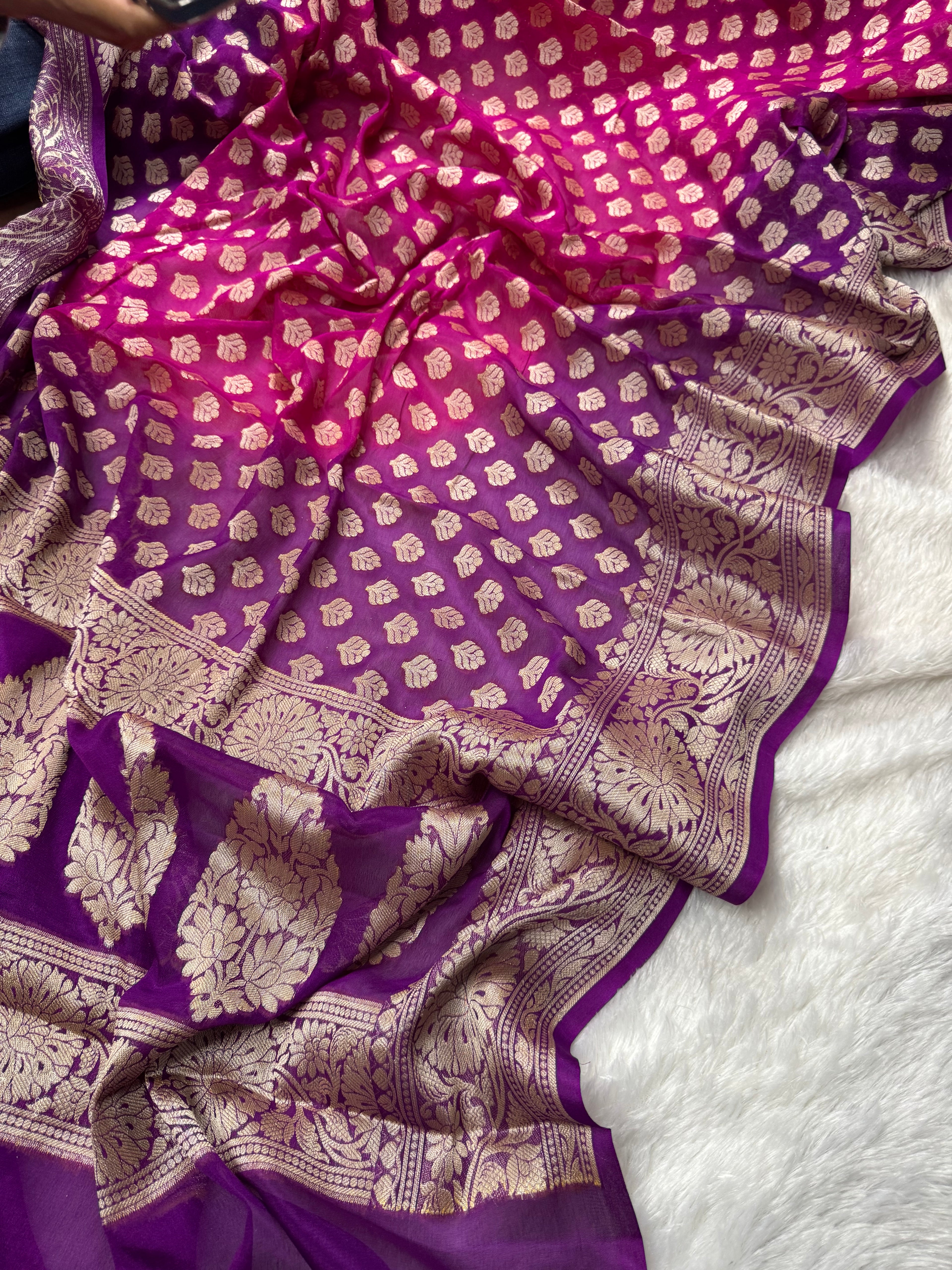 Rani & Purple Bhandej Dye Pure Chiffon Silk Banarasi Saree