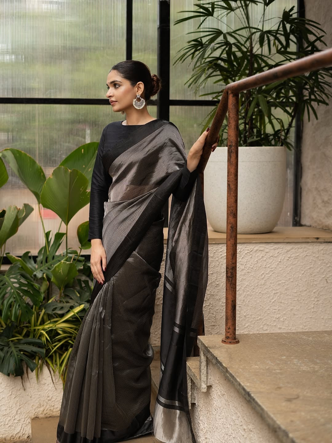 Black Stripe Pure Glass Tissue Silk Banarasi Saree