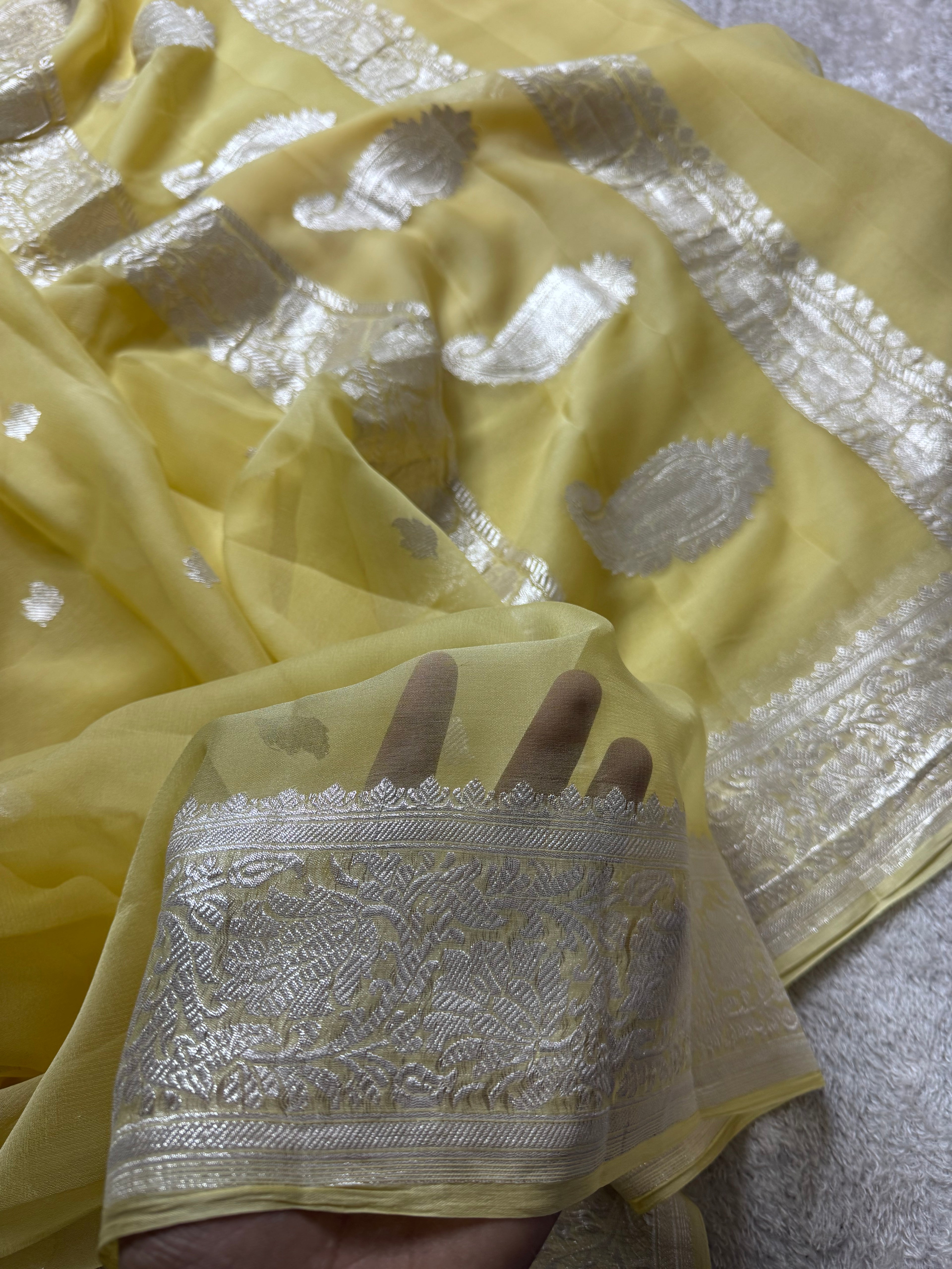 Light Yellow Pure Khaddi Chiffon Silk Banarasi Saree