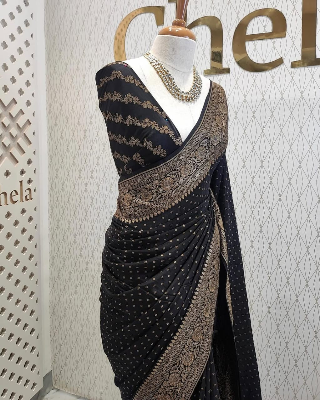 Black Pure Khaddi Crep Silk Banarasi Saree