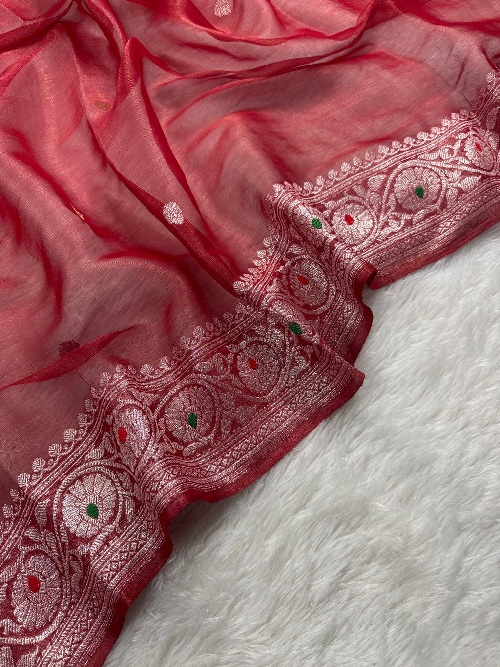 Red Pure Khaddi Tissue Chiffon Sona & Roopa Meenakari Banarasi Saree