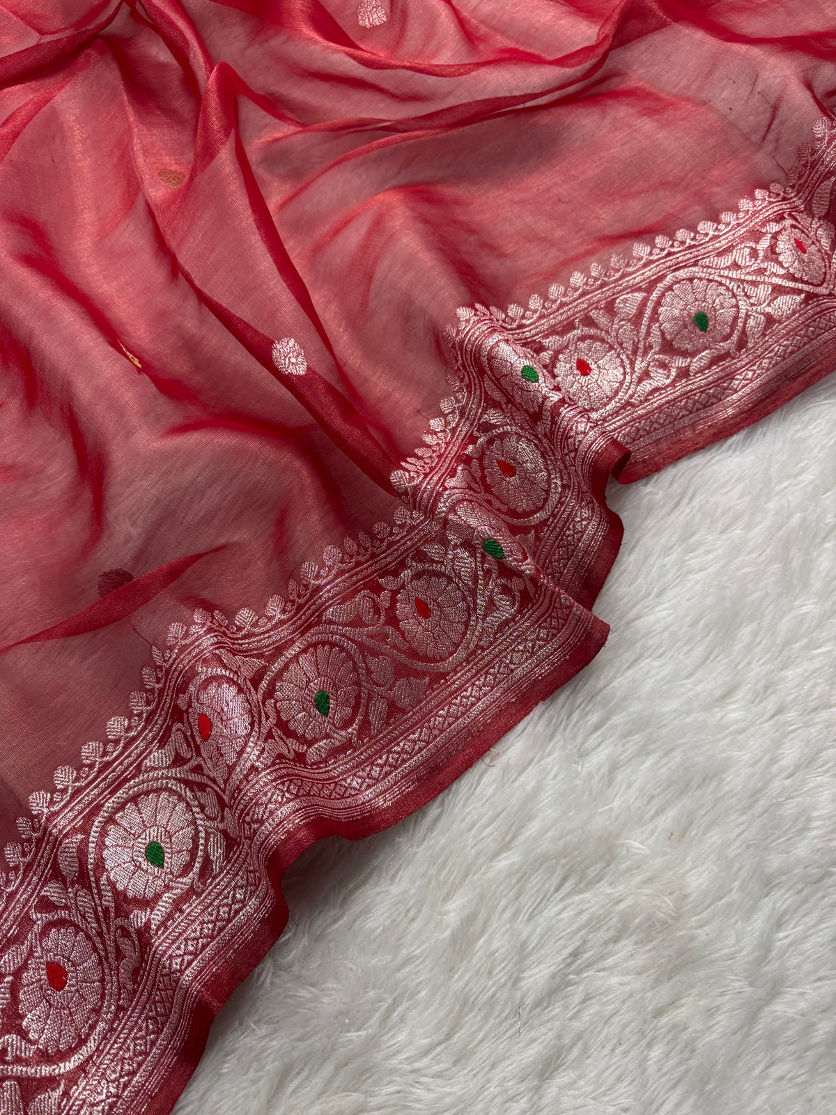 Red Pure Khaddi Tissue Chiffon Sona & Roopa Meenakari Banarasi Saree