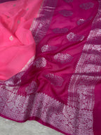 Pink & Hot Pink Pure Khaddi Chiffon Silk Banarasi Saree