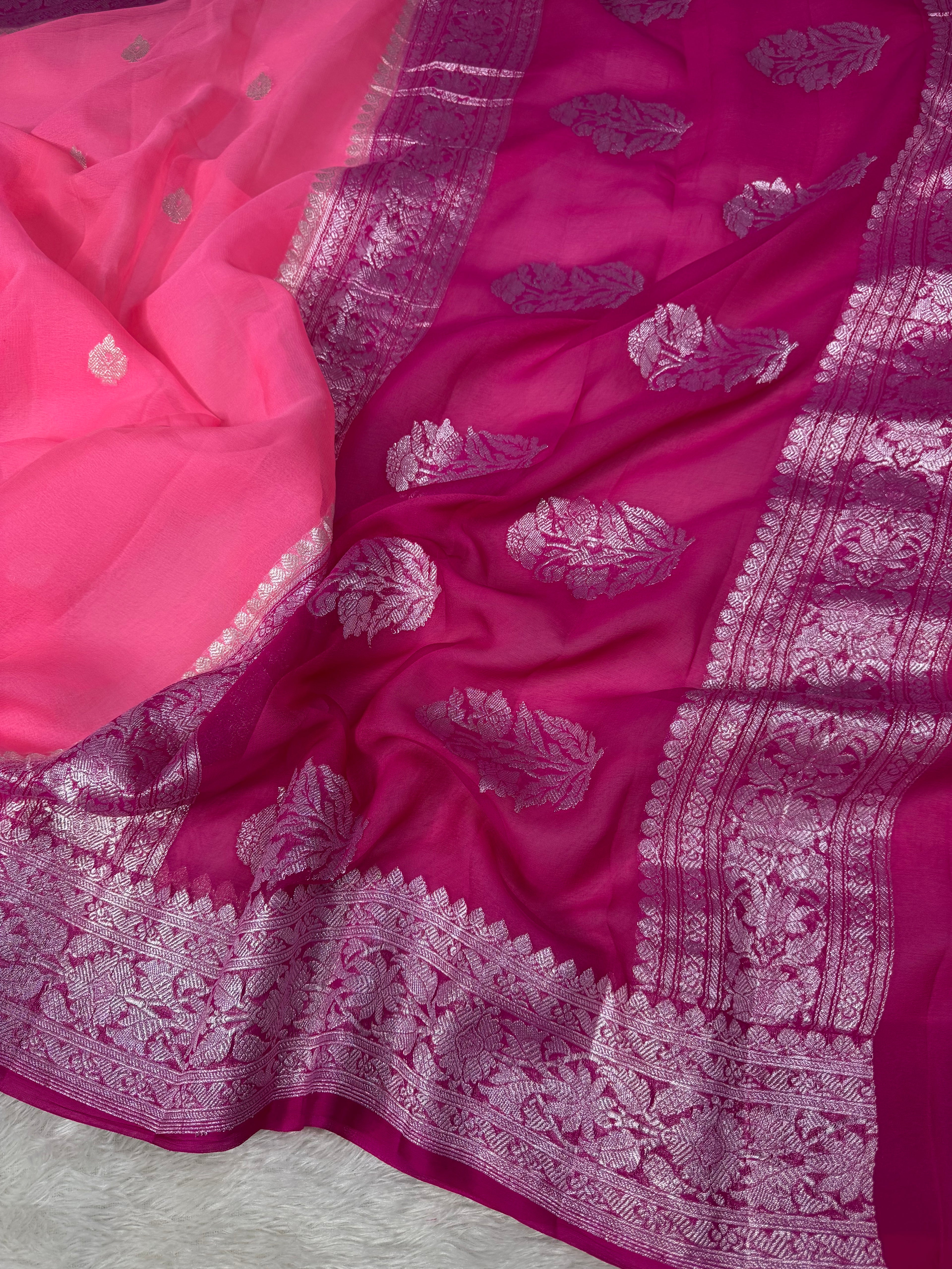 Pink & Hot Pink Pure Khaddi Chiffon Silk Banarasi Saree