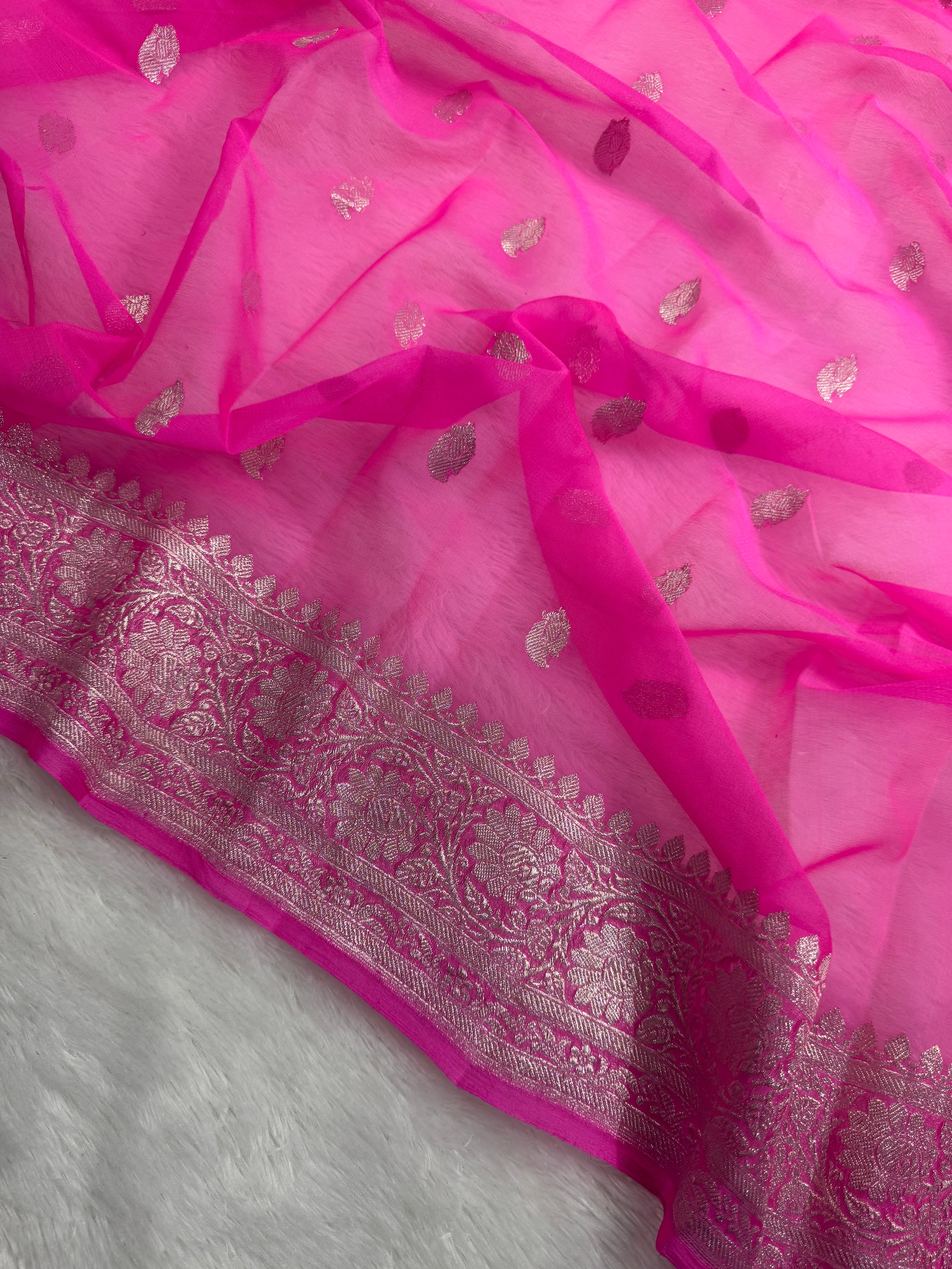 Fuchsia Pink Pure Khaddi Chiffon Silk Banarasi Saree