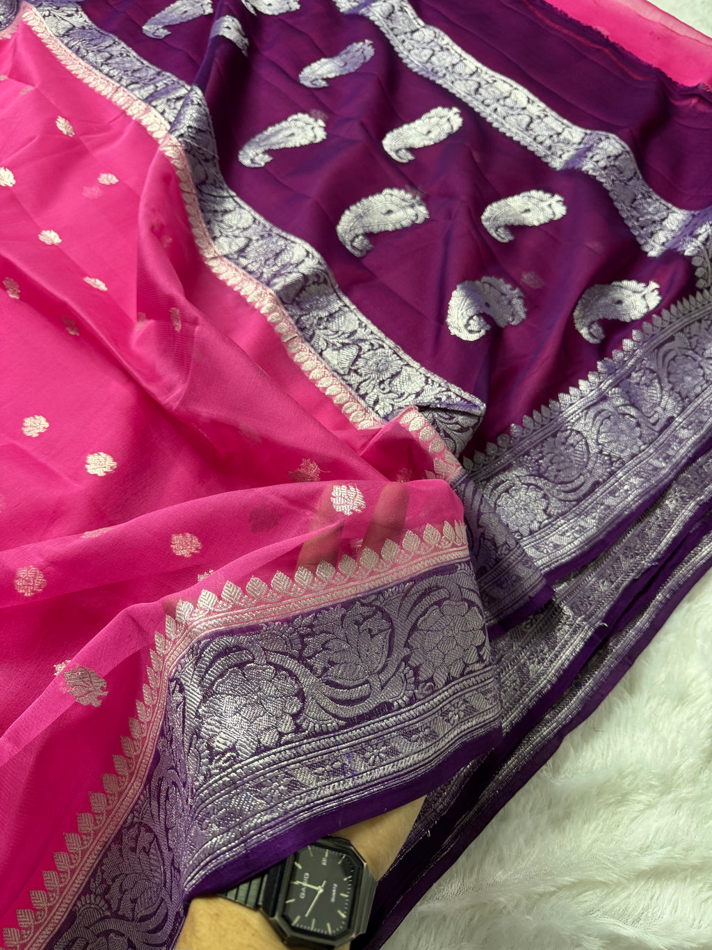 Rani Pink & Deep Purple Pure Khaddi Chiffon Silk Banarasi Saree