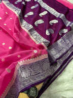 Rani Pink & Deep Purple Pure Khaddi Chiffon Silk Banarasi Saree