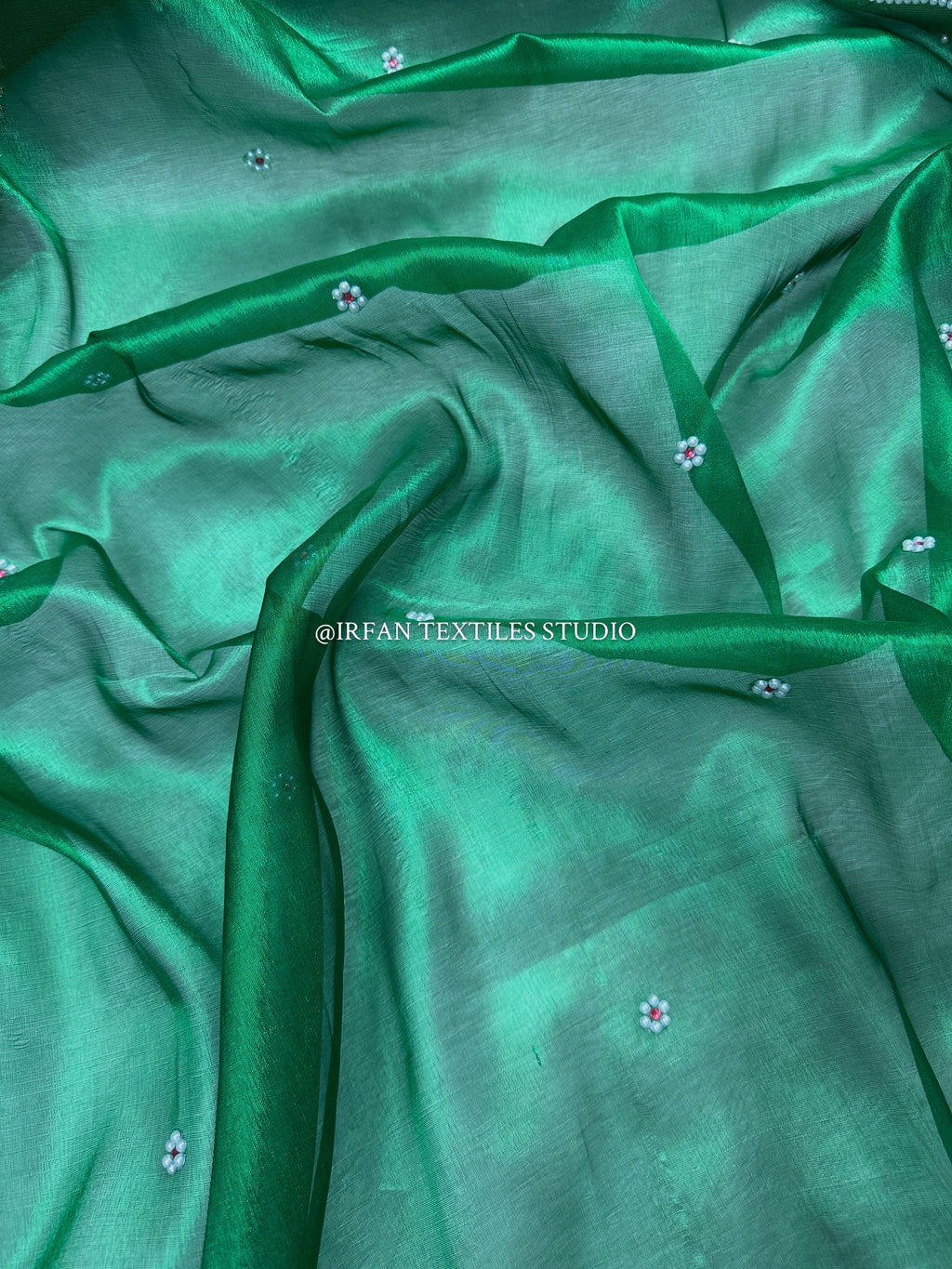 Emerald Green Tissue Silk Banarasi Saree with Pearl Work & Designer Lace Border