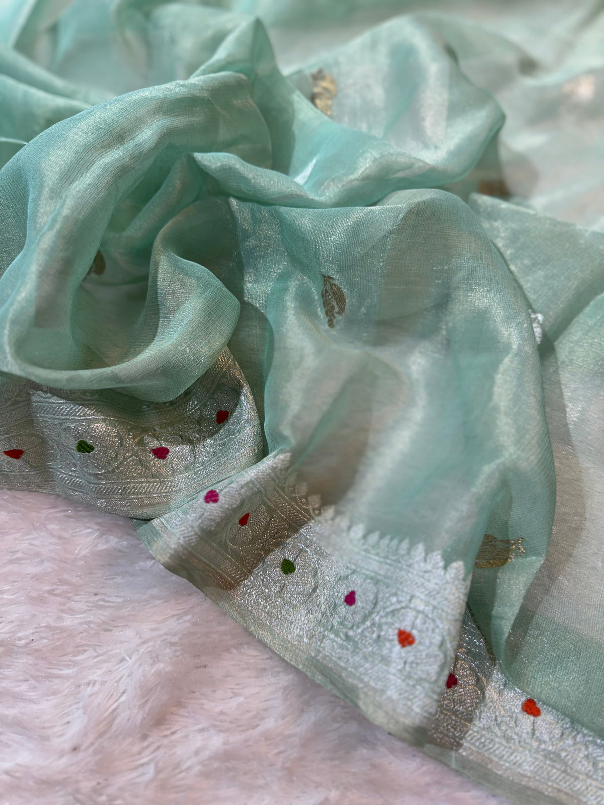 Light Sea Green Pure Khaddi Tissue Chiffon Sona & Roopa Meenakari Banarasi Saree