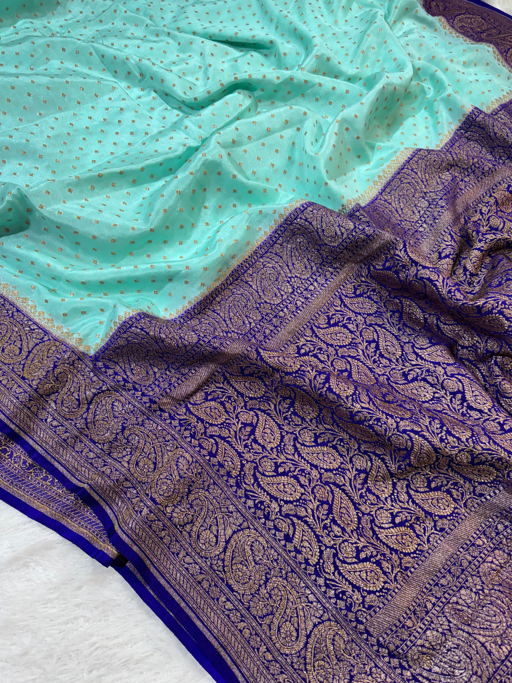 Sea Green & Dark Royal Blue Pure Khaddi Crep Silk Banarasi Saree