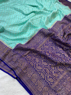 Sea Green & Dark Royal Blue Pure Khaddi Crep Silk Banarasi Saree