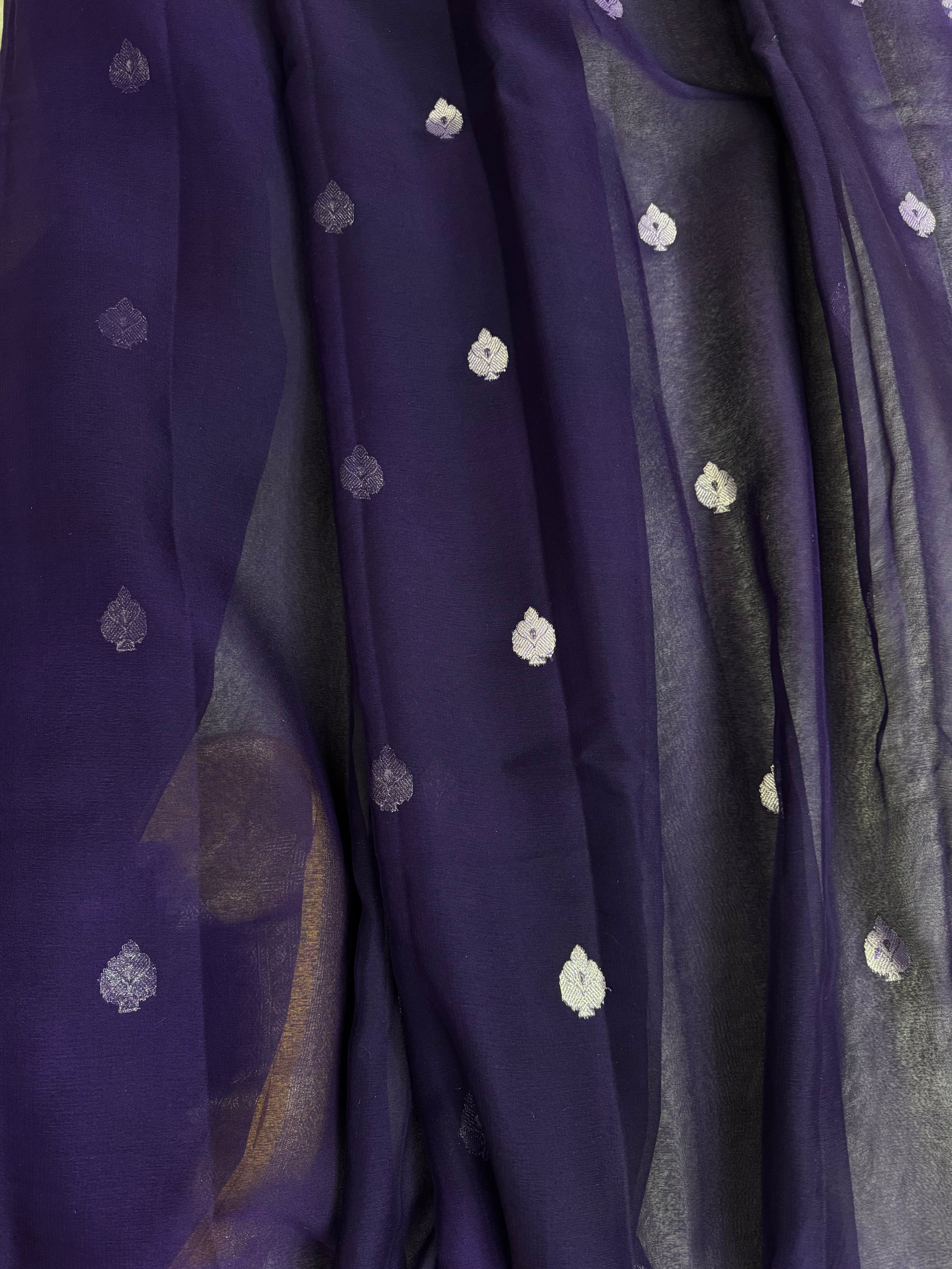 Navy Blue & Yellow Pure Khaddi Chiffon Silk Banarasi Saree