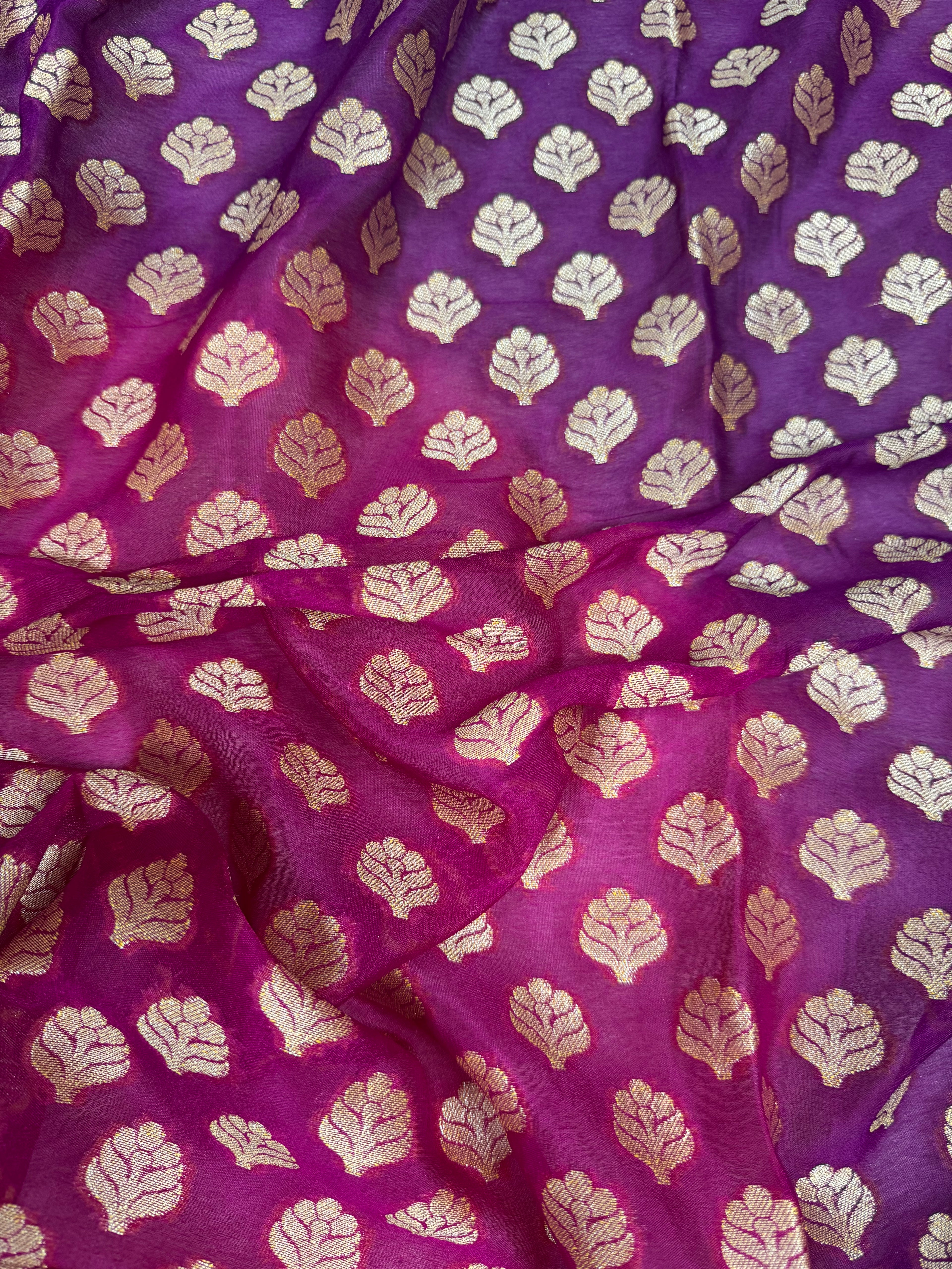 Rani & Purple Bhandej Dye Pure Chiffon Silk Banarasi Saree