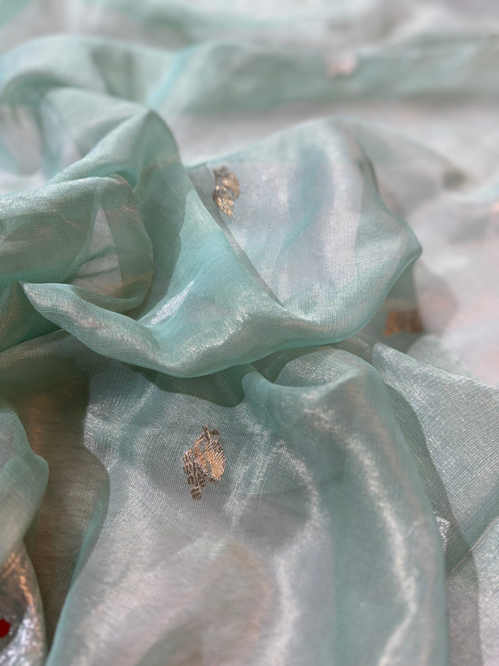 Light Sea Green Pure Khaddi Tissue Chiffon Sona & Roopa Meenakari Banarasi Saree