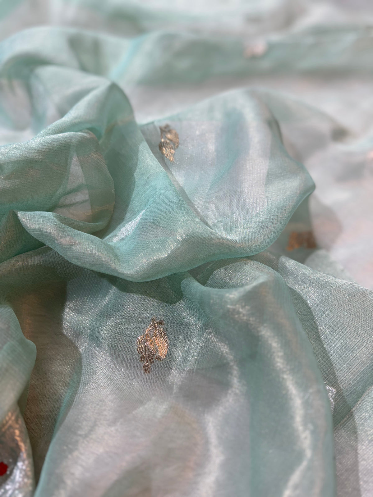 Light Sea Green Pure Khaddi Tissue Chiffon Sona & Roopa Meenakari Banarasi Saree