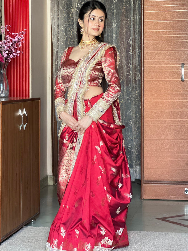 Maroon Red Banarasi Nazakat Soft Silk Saree