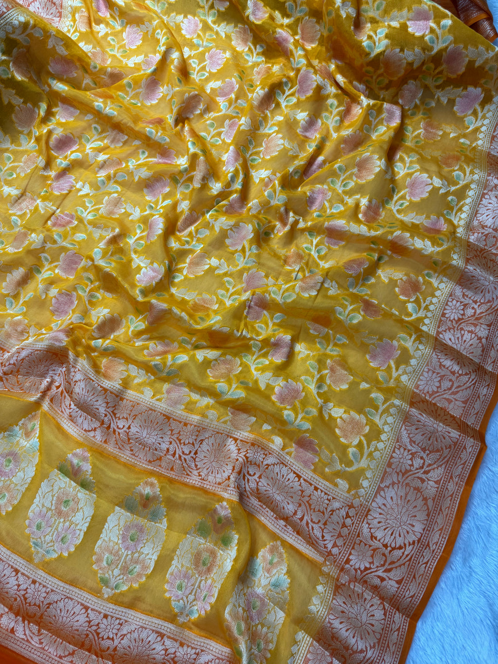 Golden Mustard & Burnt Orange Handbrush Meenakari Pure Chiffon Silk Banarasi Saree
