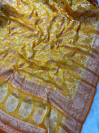 Golden Mustard & Burnt Orange Handbrush Meenakari Pure Chiffon Silk Banarasi Saree
