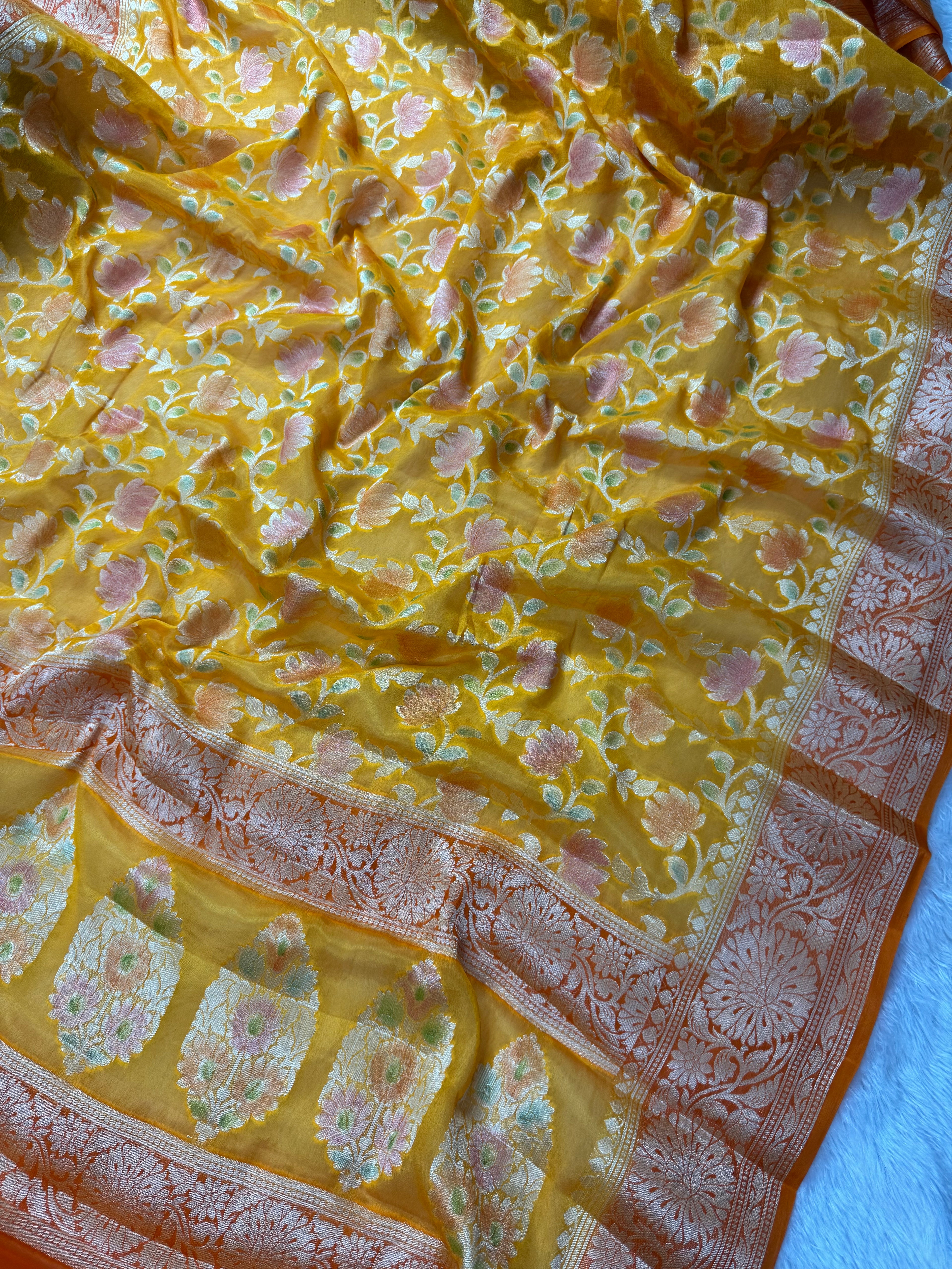 Golden Mustard & Burnt Orange Handbrush Meenakari Pure Chiffon Silk Banarasi Saree