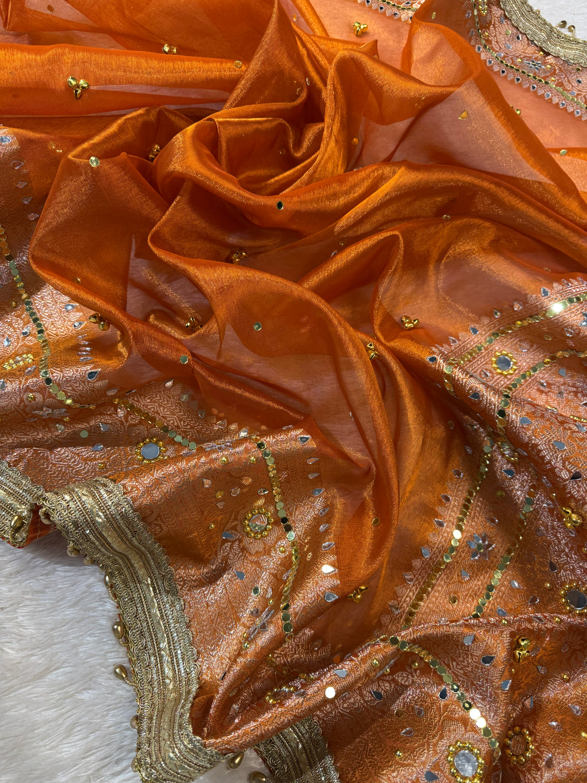 Orange Tissue Silk Banarasi Saree With Ghungroo & Mirror Work Designer Border Lace Saree