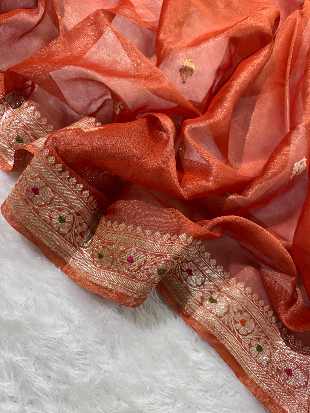 Rust Orange Pure Khaddi Tissue Chiffon Sona & Roopa Meenakari Banarasi Saree