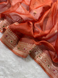 Rust Orange Pure Khaddi Tissue Chiffon Sona & Roopa Meenakari Banarasi Saree