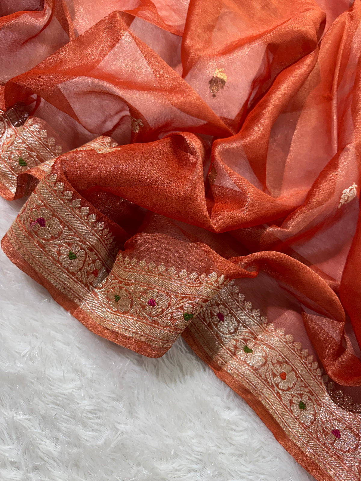 Rust Orange Pure Khaddi Tissue Chiffon Sona & Roopa Meenakari Banarasi Saree