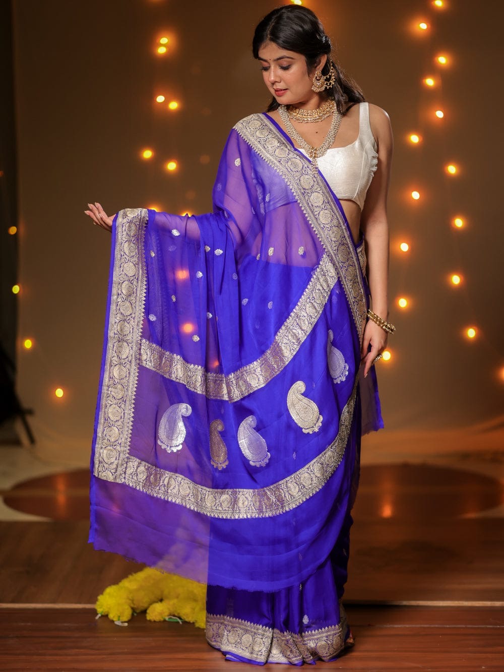 Royal Blue Pure Khaddi Chiffon Silk Banarasi Saree