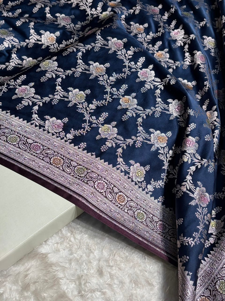 Navy blue & Wine Meenakari Mashru Katan Silk Banarasi Saree